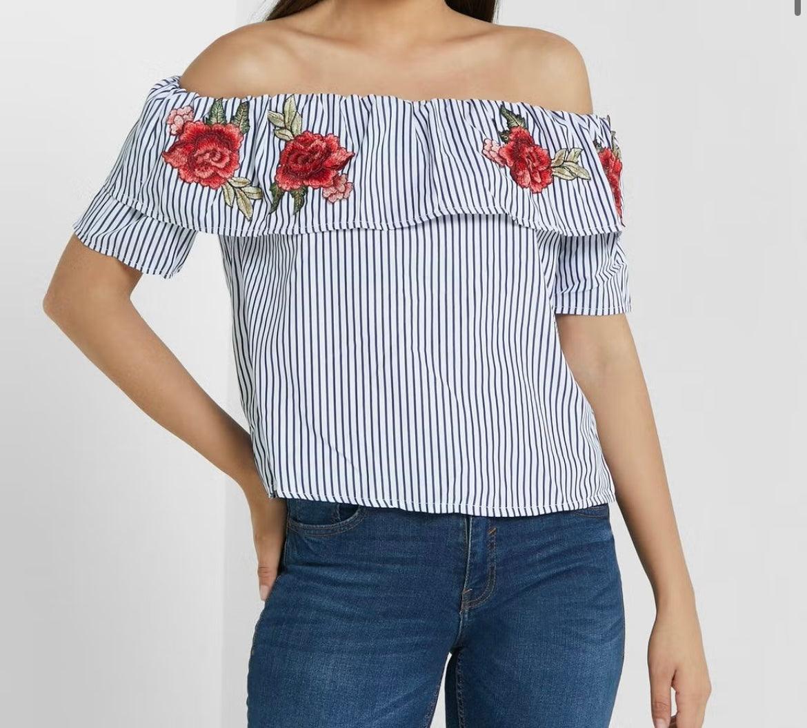 Rosé Embroidery Off Shoulder Striped Top - Styledd by L&M