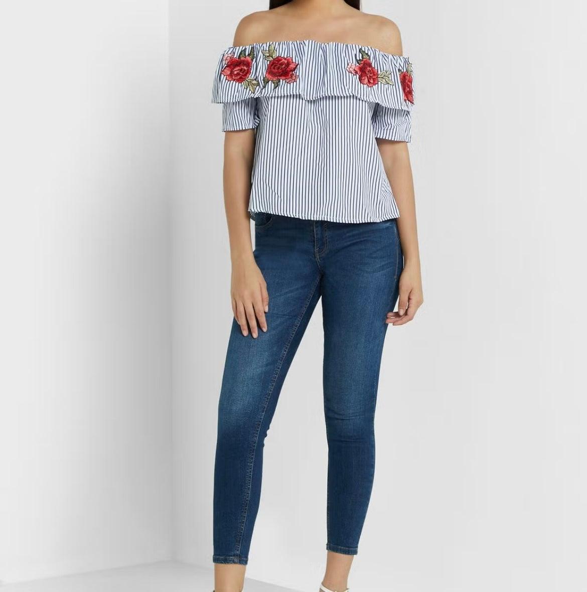 Rosé Embroidery Off Shoulder Striped Top - Styledd by L&M