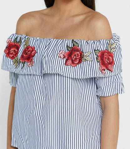 Rosé Embroidery Off Shoulder Striped Top - Styledd by L&M