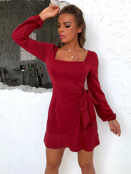 Ruffle Solid Bow Mini Dress - Styledd by L&M