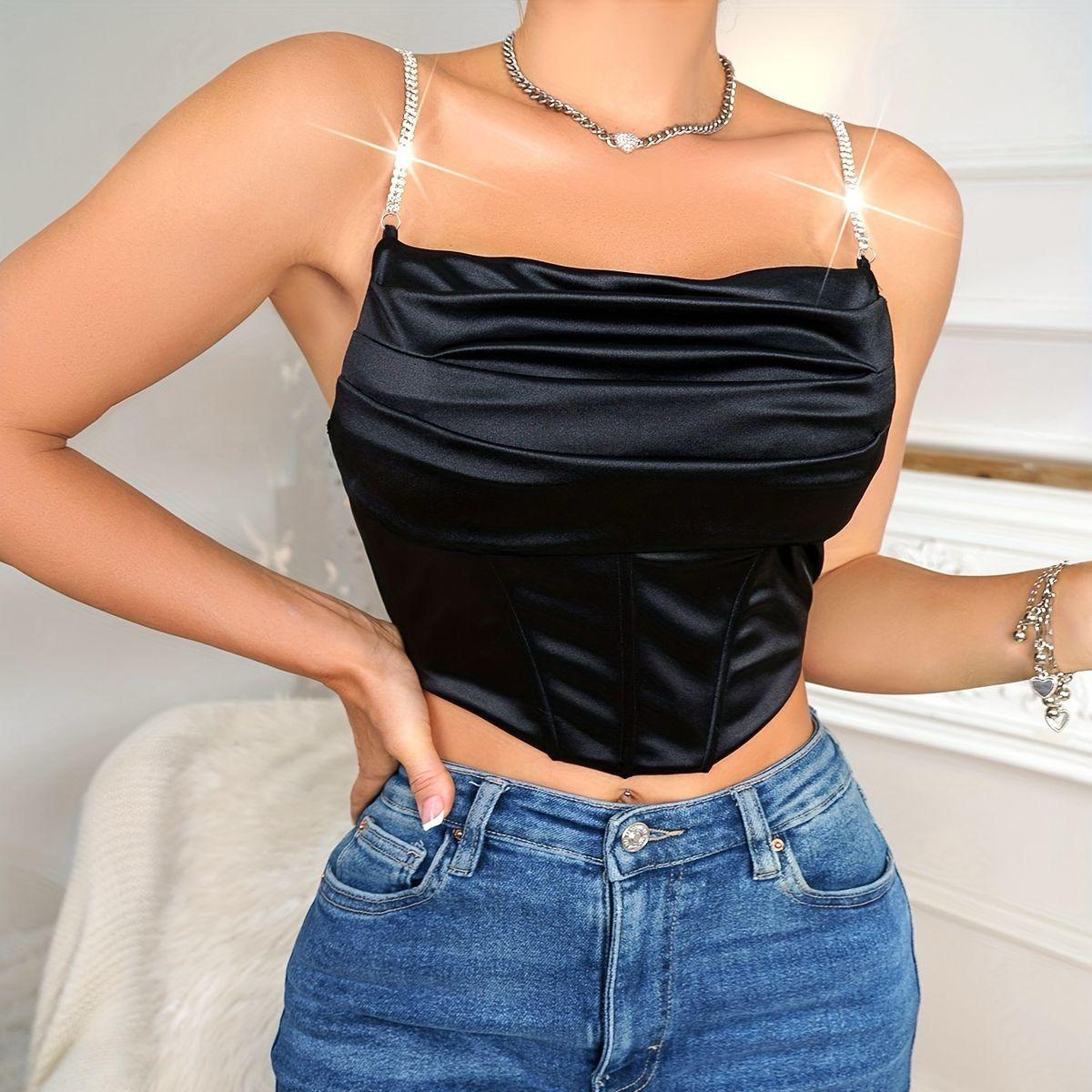 Satin Corset Crop Top with Rhinestone Straps - Styledd by L&M