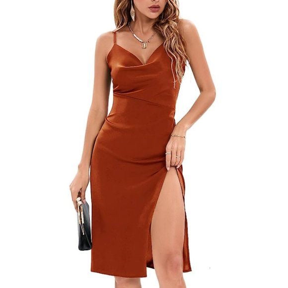 Satin Draped Cowl Neck Sleeveless midi Dress - Styledd by L&M