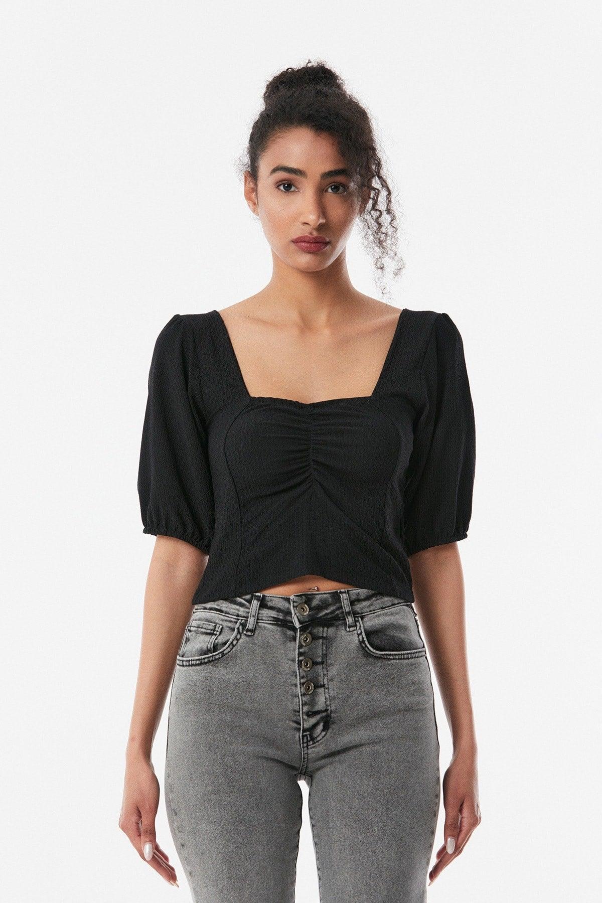 Scoop Neck Ruched Bust Gather Sleeve Blouse - Styledd by L&M