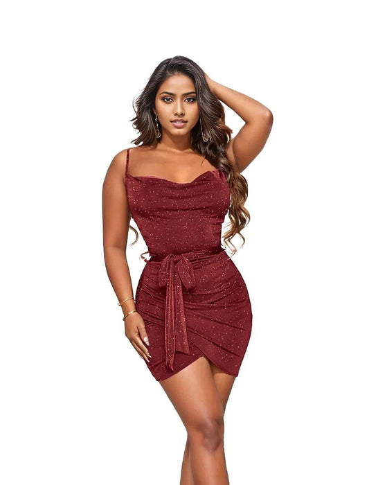 Shiny Belted Sleeveless Hip Bodycon Mini Dress - Styledd by L&M