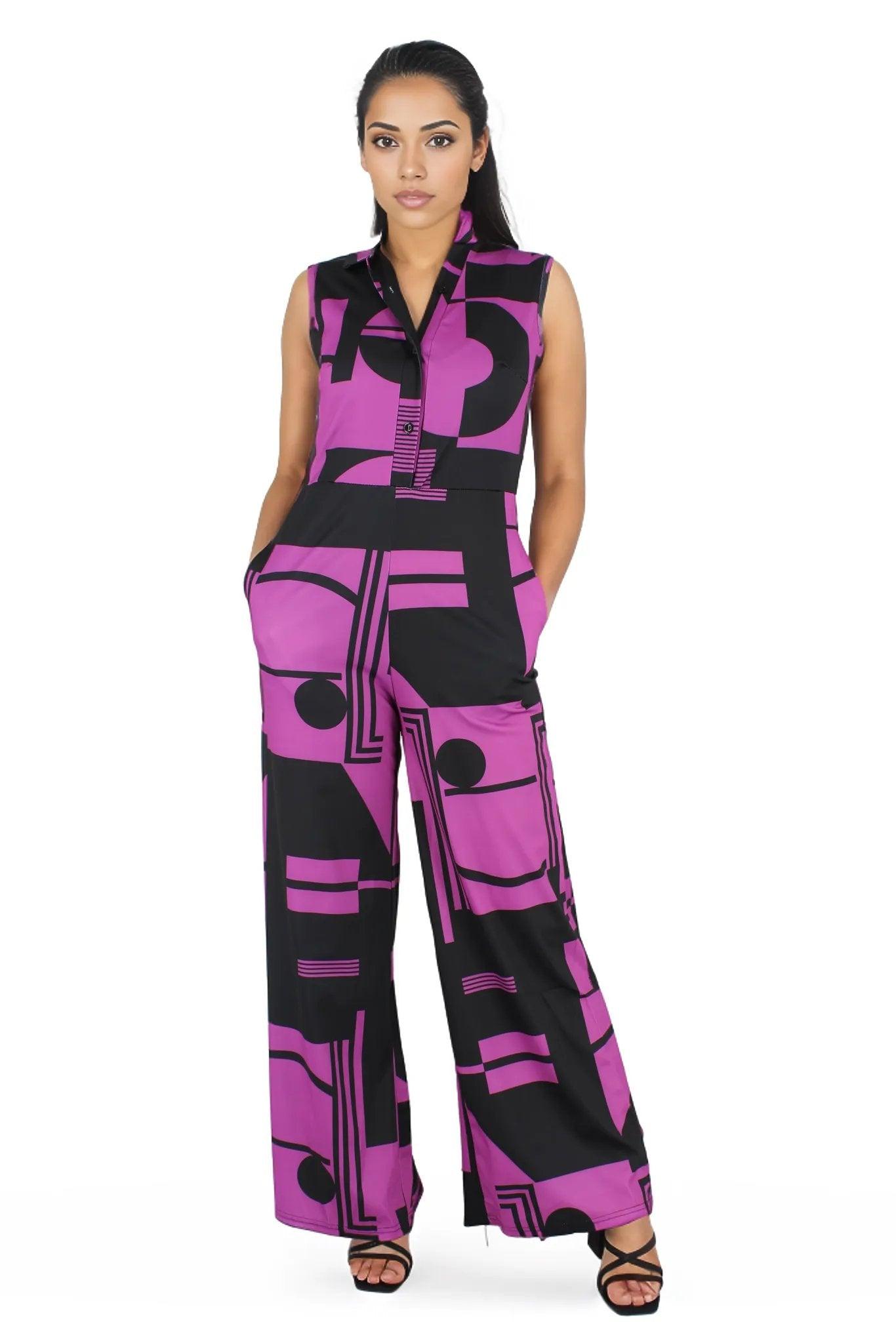 Sleeveless Geometric Pants Jumpsuit - Styledd by L&M