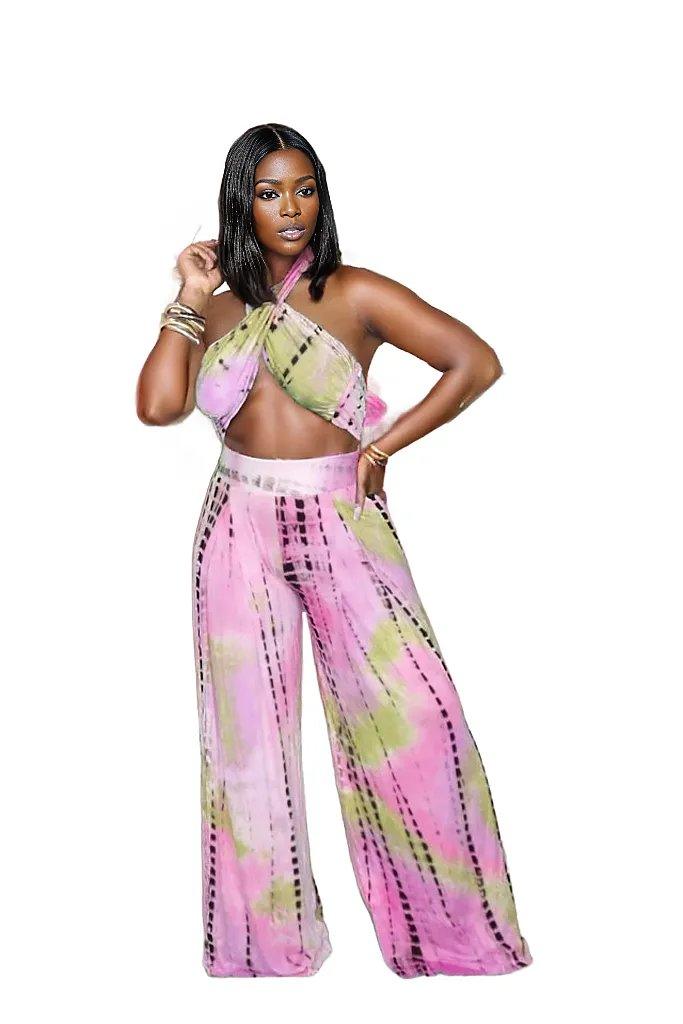 Sleeveless Halter Crop Top Wide Leg Pants Outfit Set - Styledd by L&M