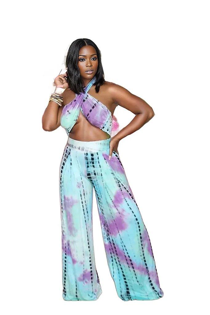 Sleeveless Halter Crop Top Wide Leg Pants Outfit Set - Styledd by L&M