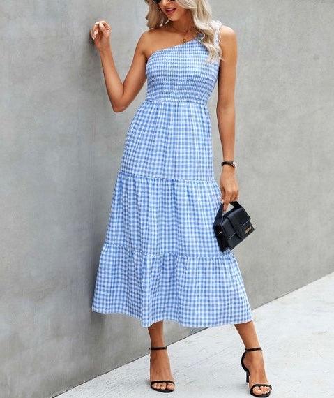 Small plaid one shoulder maxi dress - Styledd by L&M