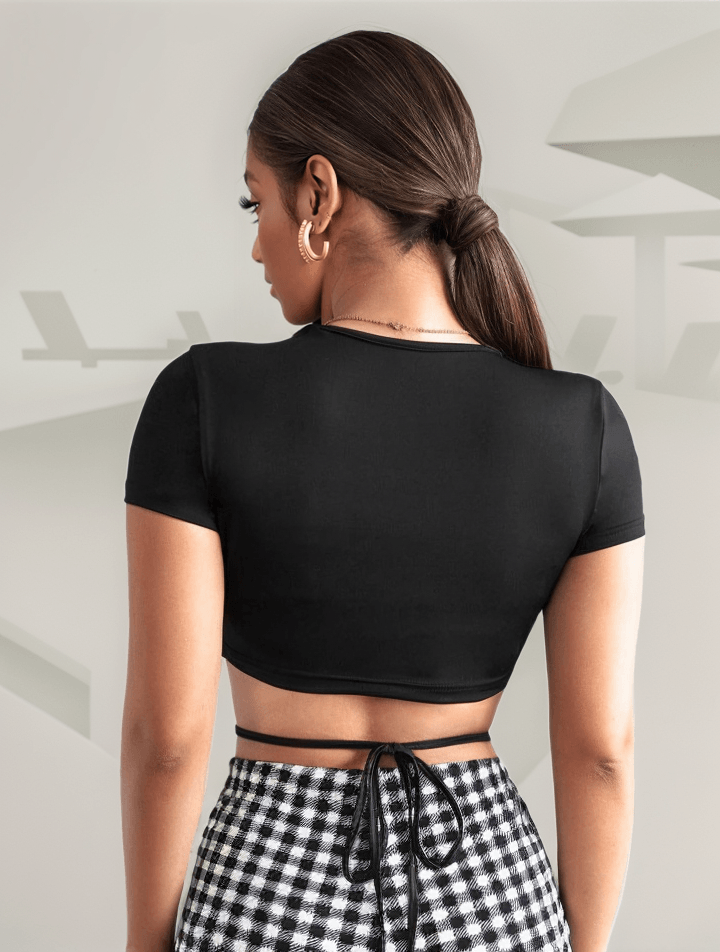 Solid Crisscross Tie Back Crop Tee - Styledd by L&M