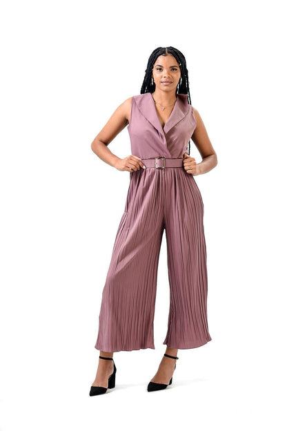 Solid Halter Neck Wide Leg Plisse Jumpsuit - Styledd by L&M