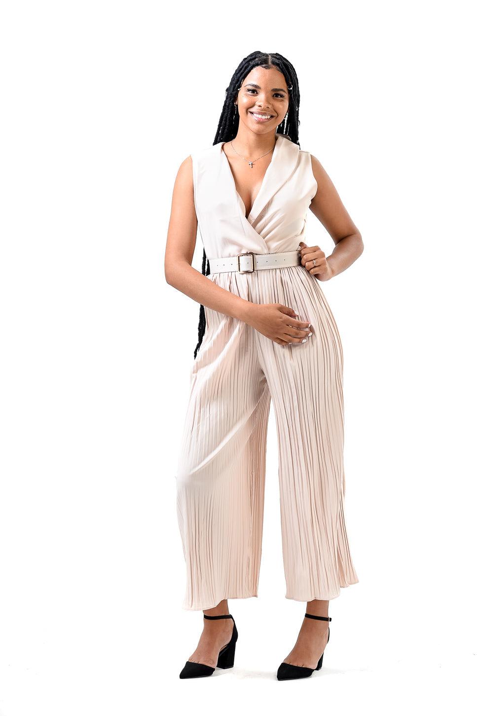 Solid Halter Neck Wide Leg Plisse Jumpsuit - Styledd by L&M