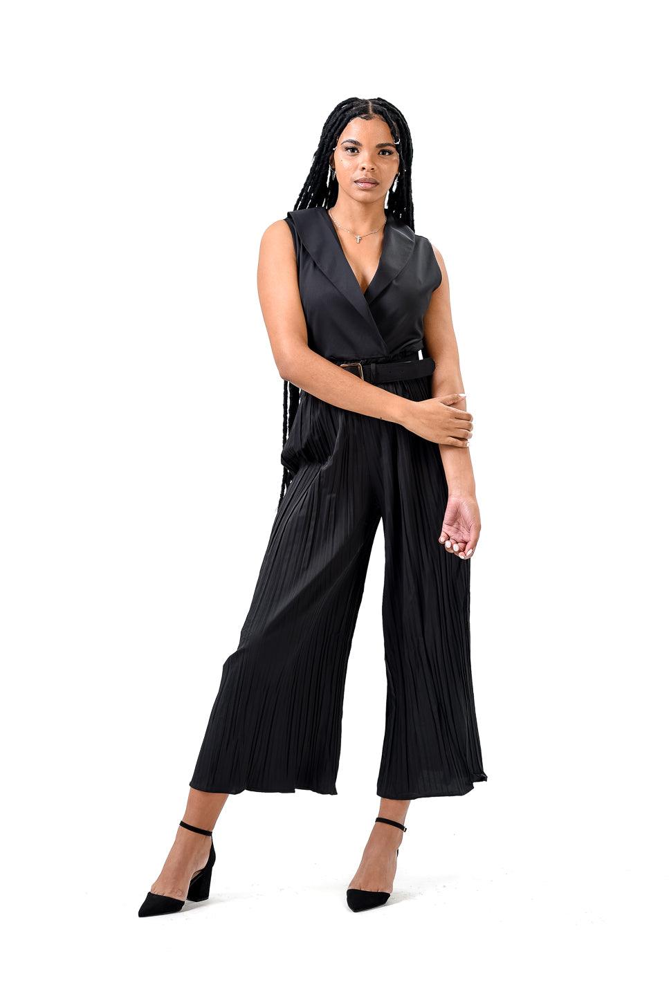 Solid Halter Neck Wide Leg Plisse Jumpsuit - Styledd by L&M