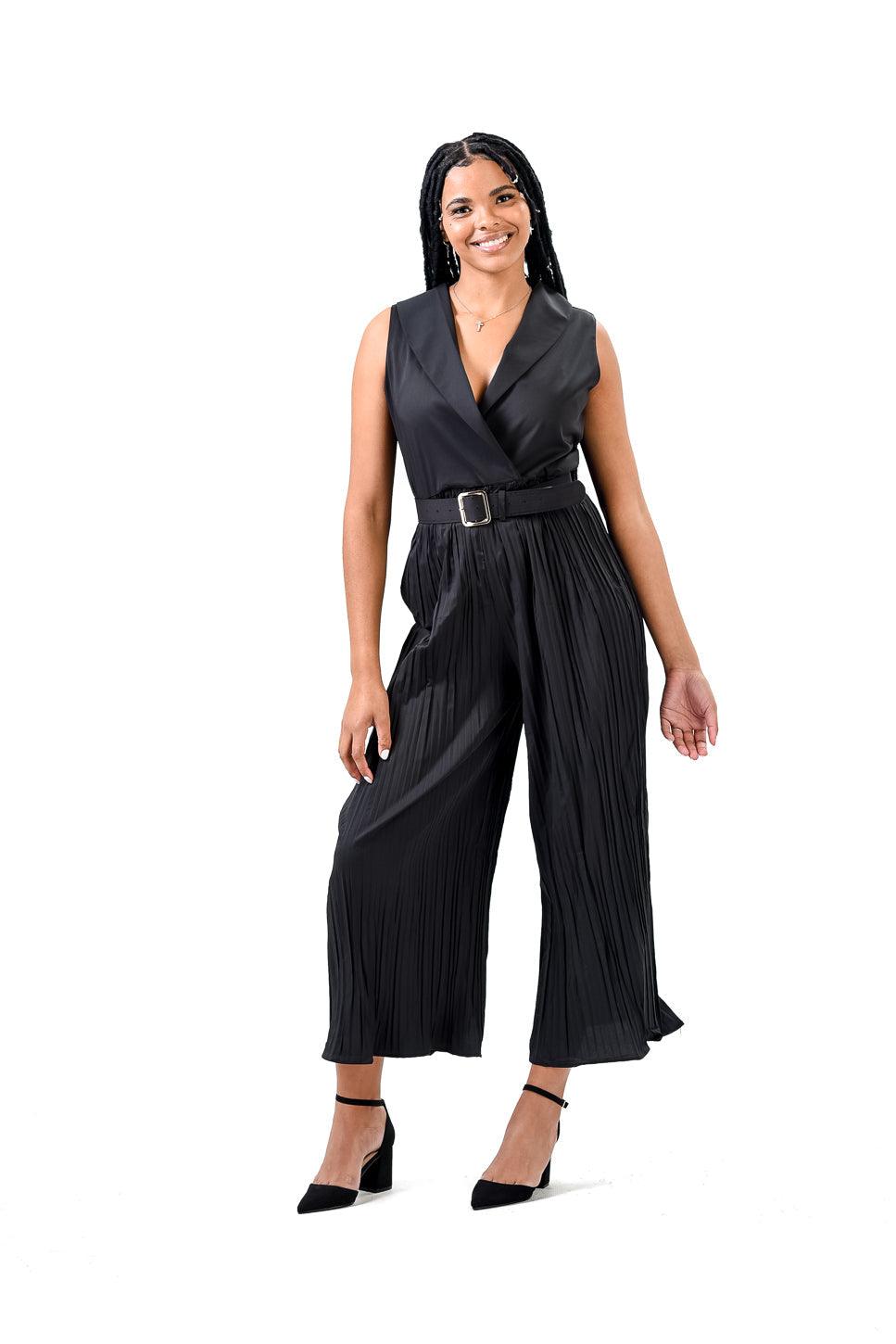 Solid Halter Neck Wide Leg Plisse Jumpsuit - Styledd by L&M