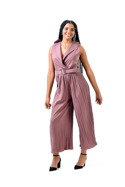 Solid Halter Neck Wide Leg Plisse Jumpsuit - Styledd by L&M