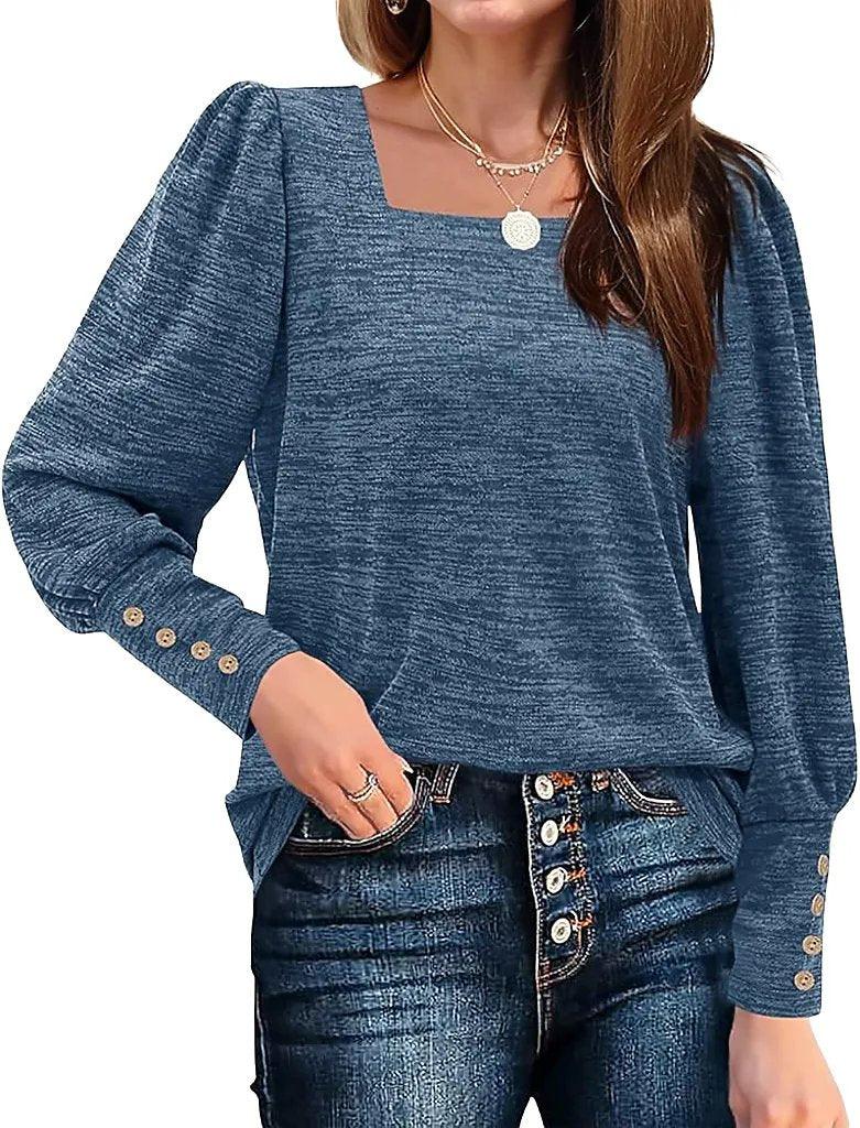 Square Neck Bishop Sleeve Sweater Top - Styledd by L&M