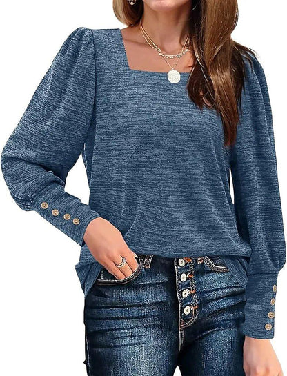 Square Neck Bishop Sleeve Sweater Top - Styledd by L&M