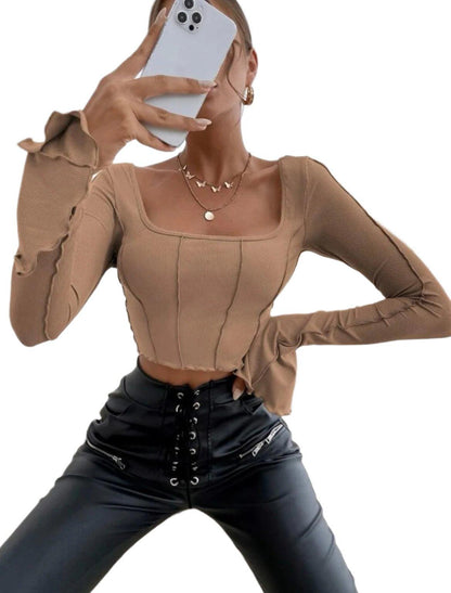 Square Neck Patchwork Long Sleeve Rib Knit Crop Top - Styledd by L&M