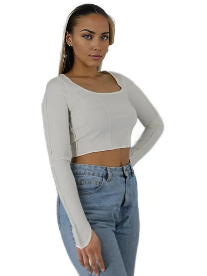 Square Neck Patchwork Long Sleeve Rib Knit Crop Top - Styledd by L&M