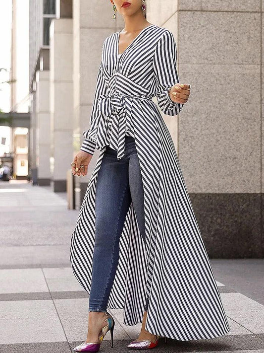 Stripe Long Sleeve Blouse Shirt V-Neck Maxi Dress Tunic - Styledd by L&M