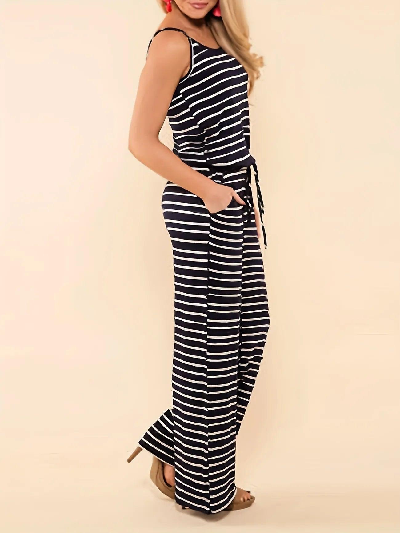 Stripe Spaghetti Strap Drawstring Jumpsuit - Styledd by L&M