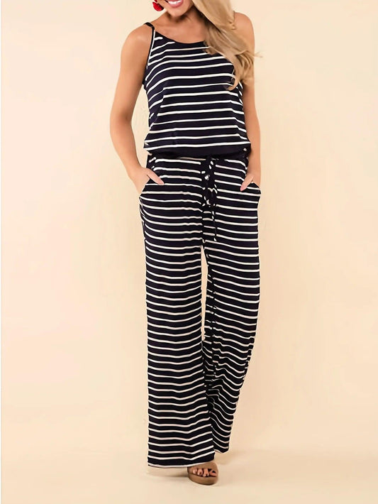 Stripe Spaghetti Strap Drawstring Jumpsuit - Styledd by L&M