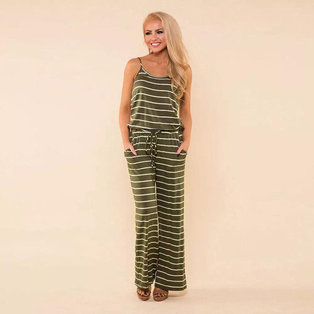 Stripe Spaghetti Strap Drawstring Jumpsuit - Styledd by L&M