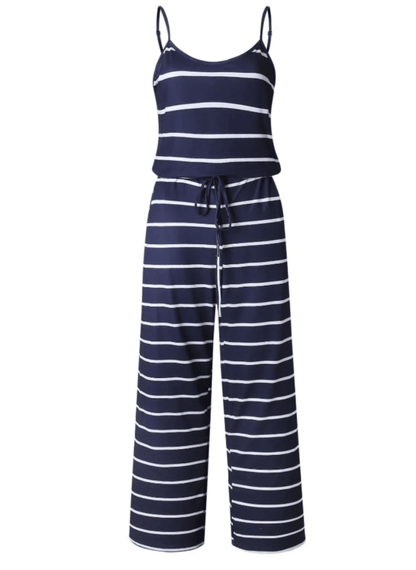 Stripe Spaghetti Strap Drawstring Jumpsuit - Styledd by L&M