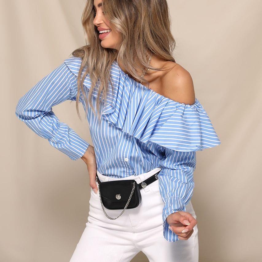 Stripe one off shoulder frill blouse - Styledd by L&M