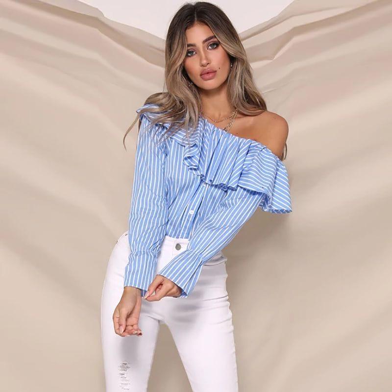 Stripe one off shoulder frill blouse - Styledd by L&M