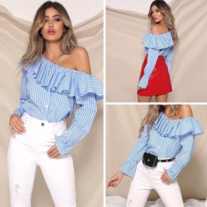 Stripe one off shoulder frill blouse - Styledd by L&M