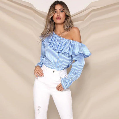 Stripe one off shoulder frill blouse - Styledd by L&M