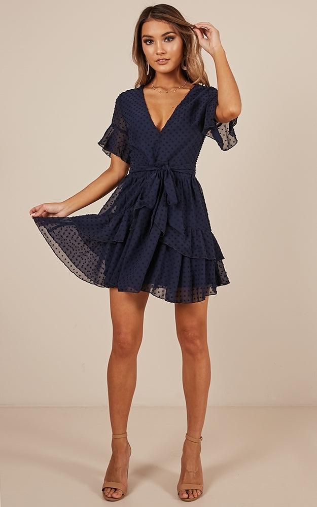 Swiss Dot Belted Layered Hem Chiffon Dress - Styledd by L&M