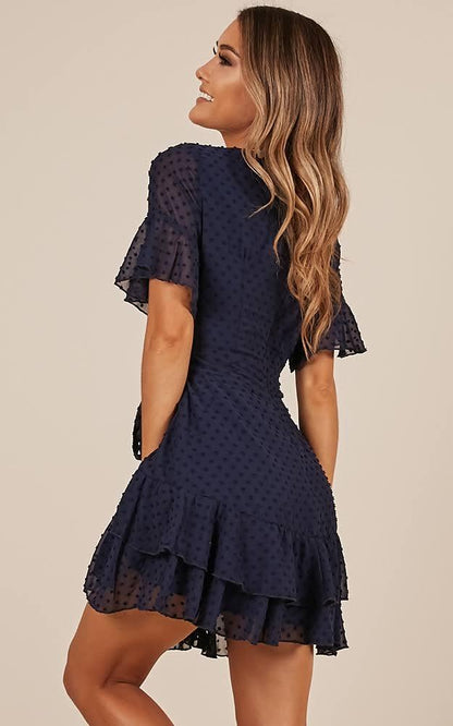 Swiss Dot Belted Layered Hem Chiffon Dress - Styledd by L&M