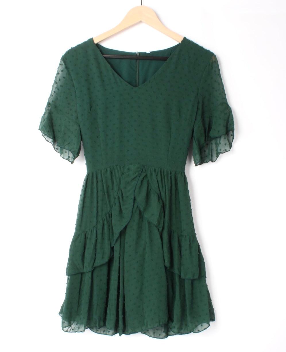 Swiss Dot Belted Layered Hem Chiffon Dress - Styledd by L&M