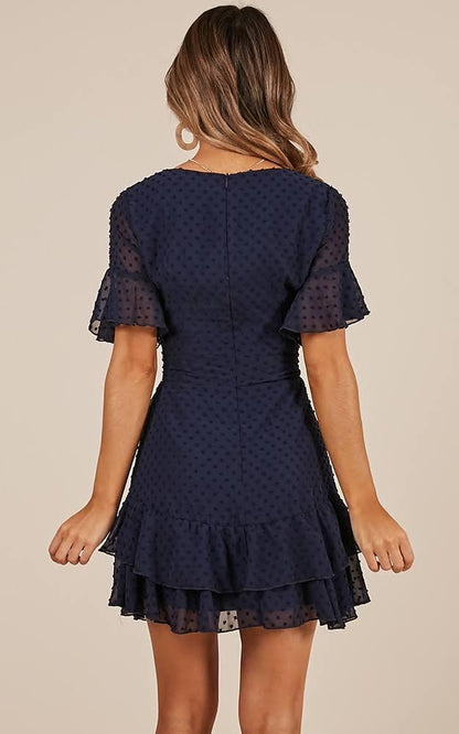 Swiss Dot Belted Layered Hem Chiffon Dress - Styledd by L&M