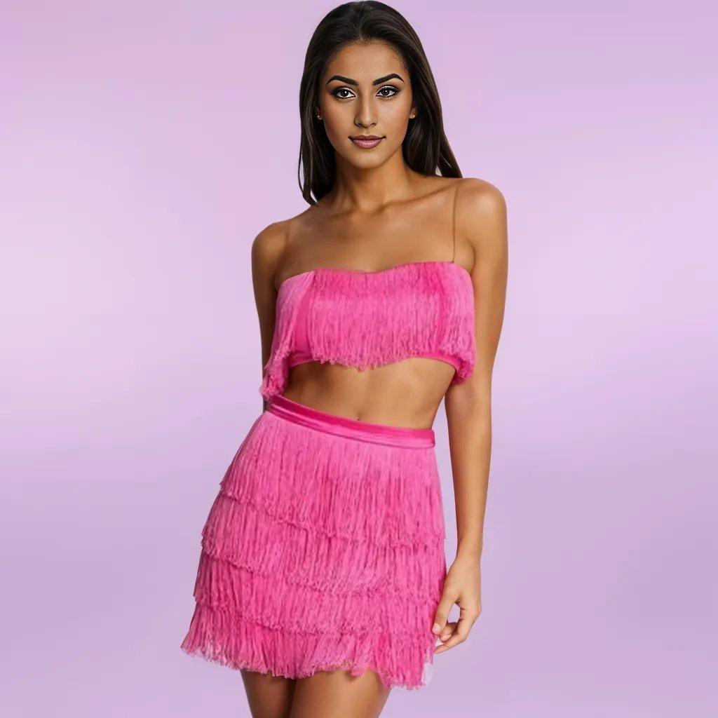 Tassel Pop Pink Vintage Two Piece Skirt Set - Styledd by L&M