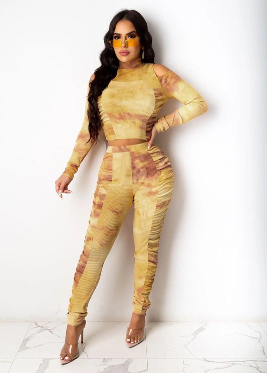 Tie Dye Two Piece Pants Set Ruched - Styledd by L&M