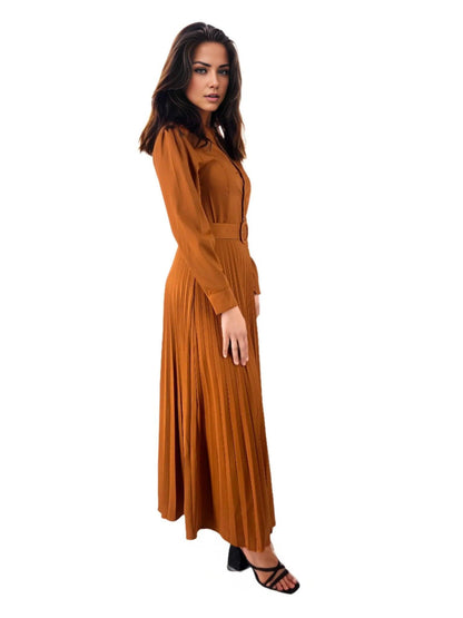 Turn-down Collar Puff Sleeve Midi Dress - Styledd by L&M