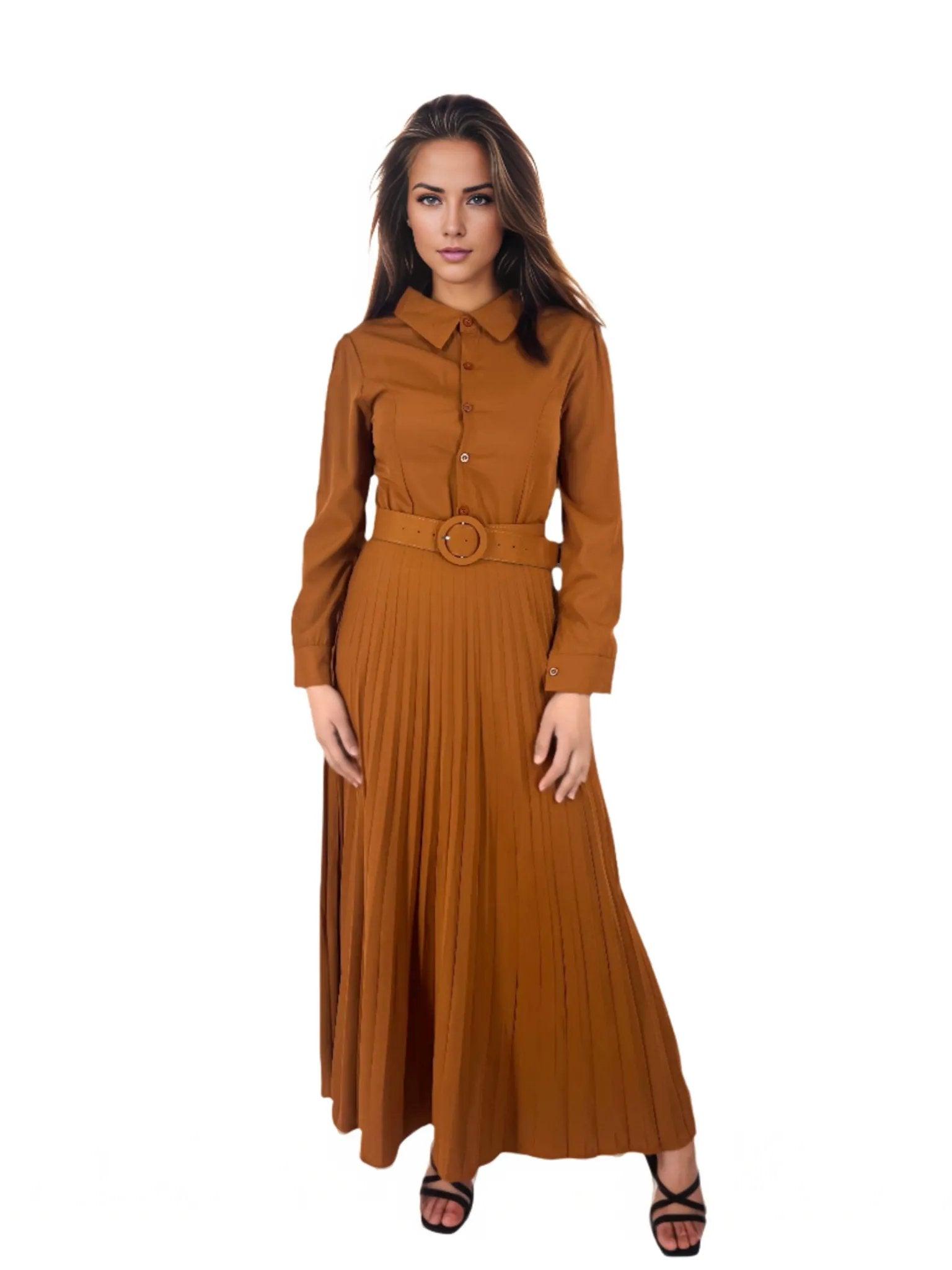 Turn-down Collar Puff Sleeve Midi Dress - Styledd by L&M