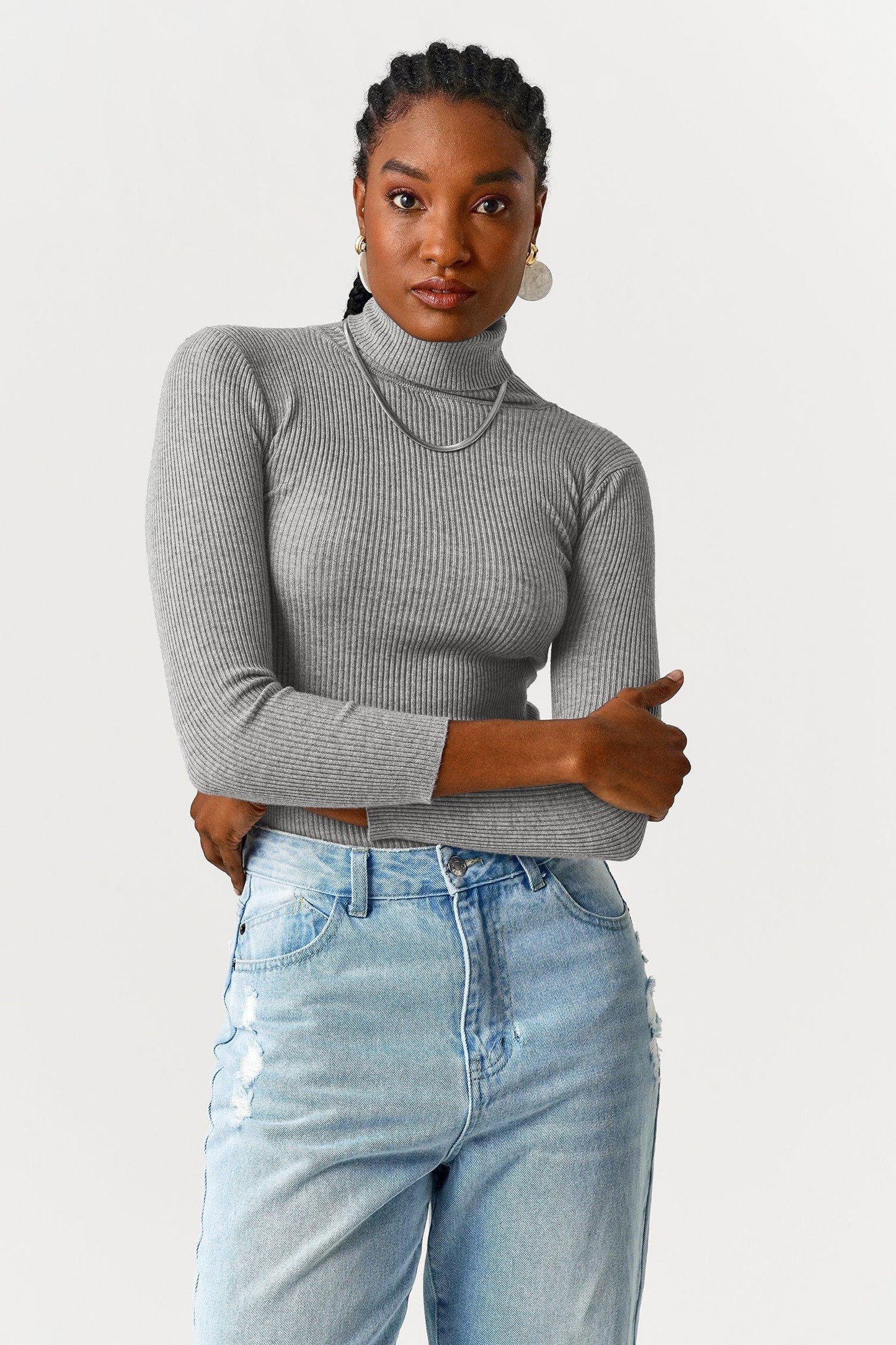 Turtleneck Ribbed Knit Sweater Pullover Jersey - Styledd by L&M