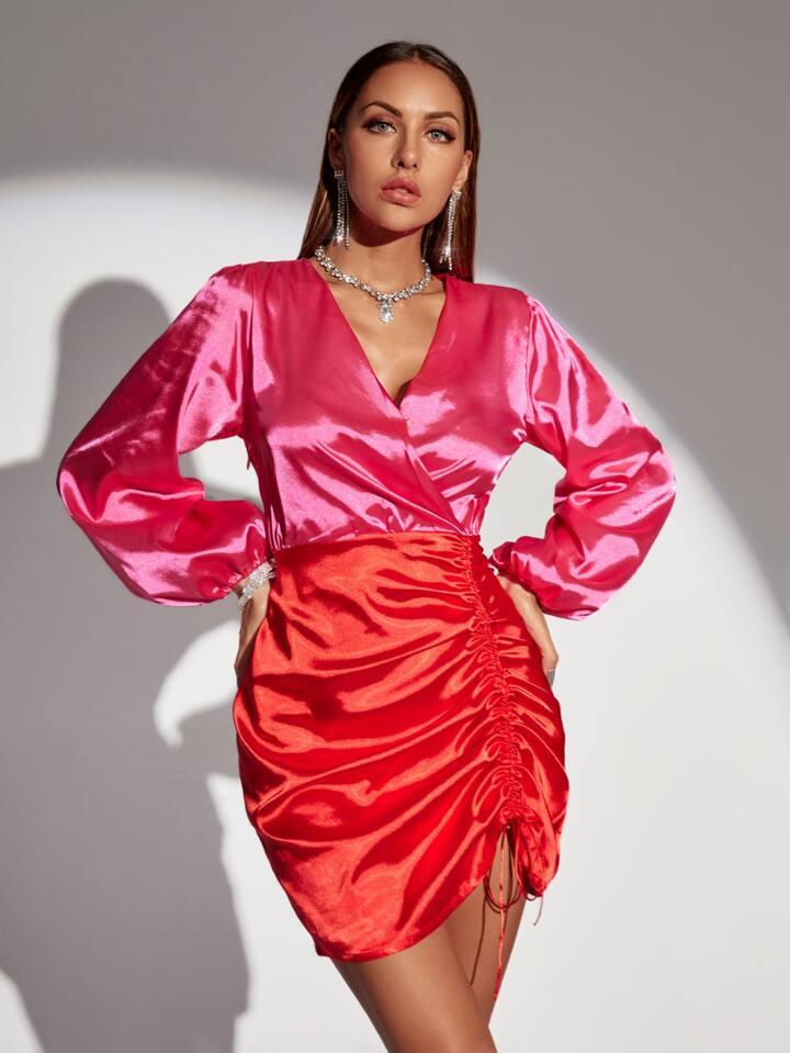 Two Tone Bishop Sleeve Drawstring Satin Dress - Styledd by L&M