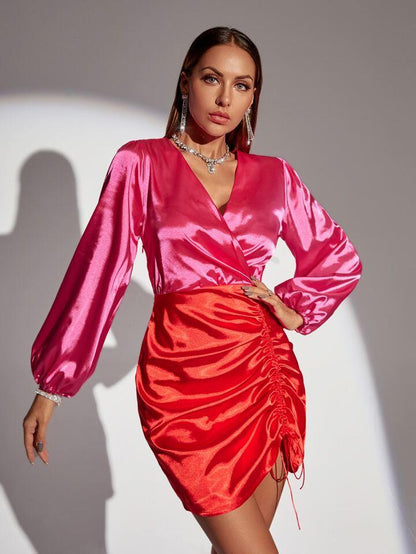 Two Tone Bishop Sleeve Drawstring Satin Dress - Styledd by L&M