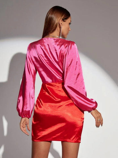 Two Tone Bishop Sleeve Drawstring Satin Dress - Styledd by L&M