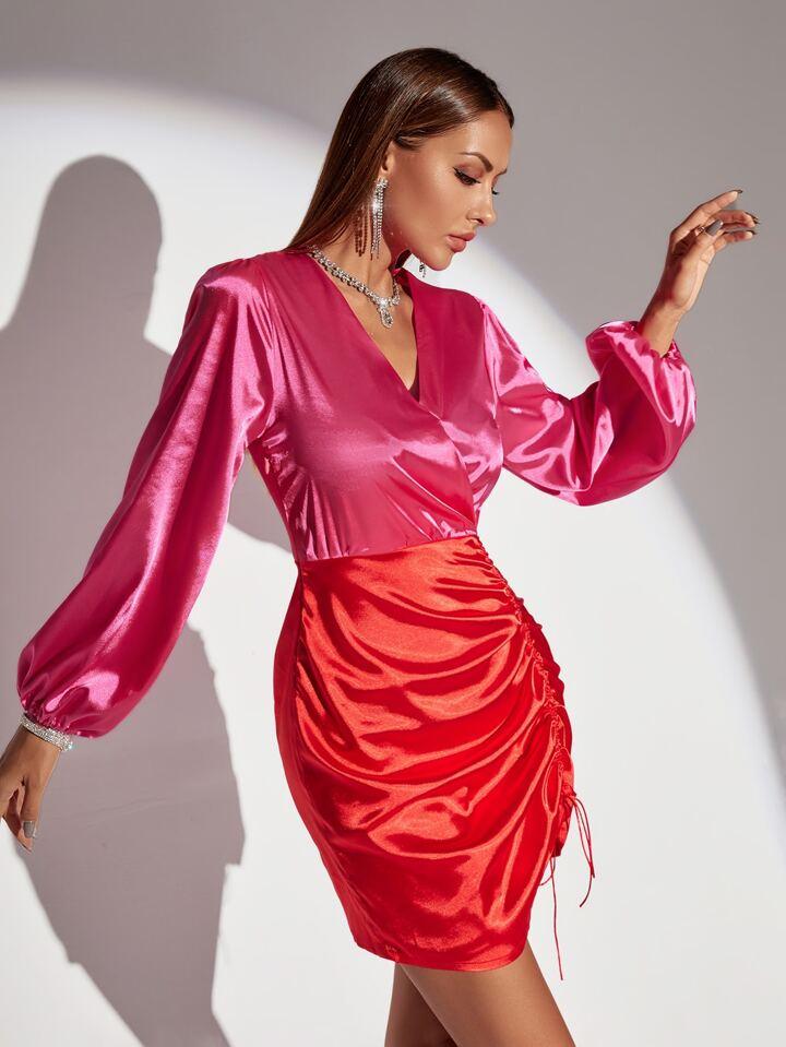 Two Tone Bishop Sleeve Drawstring Satin Dress - Styledd by L&M