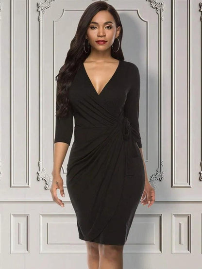 V Neck Ruched Midi Bodycon Dress - Styledd by L&M