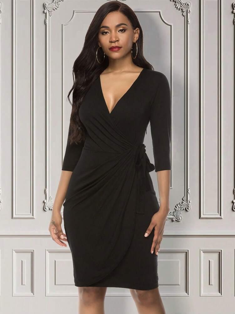 V Neck Ruched Midi Bodycon Dress - Styledd by L&M