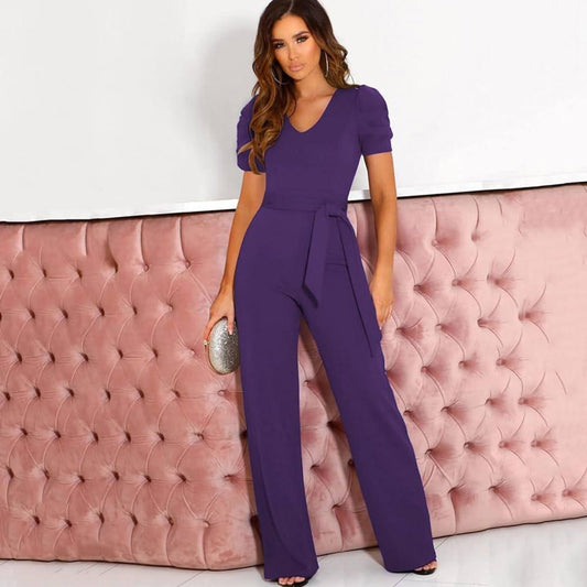 V Neck Short Sleeved Trousers Jumpsuit - Styledd by L&M