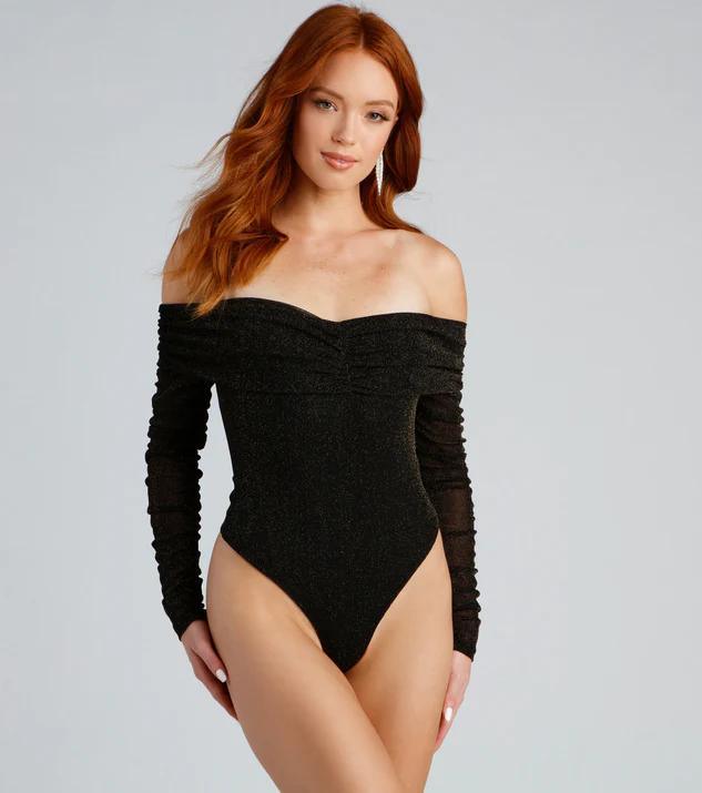 Elegant Black Off Shoulder Shimmer Bodysuit - Styledd by L&M