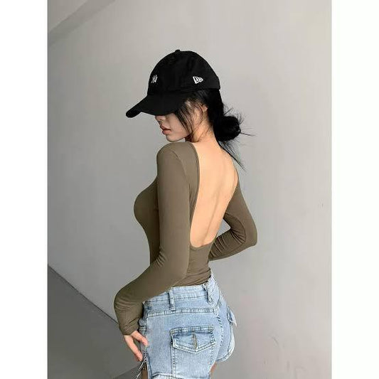 Army Green Long Sleeve Lowcut Bodysuit - Styledd by L&M