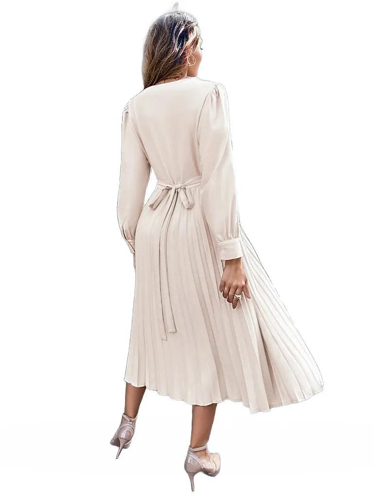 Women Puff Sleeve Pleated Apricot Dress - Styledd by L&M